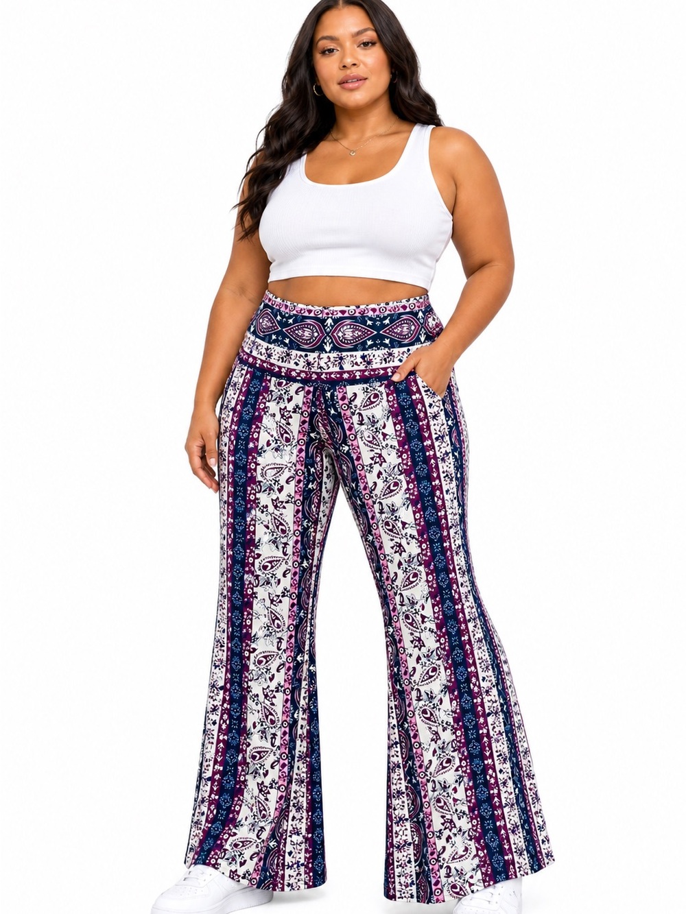 Boho Floral High-Waist Flare Pants - White/Navy Size Large
